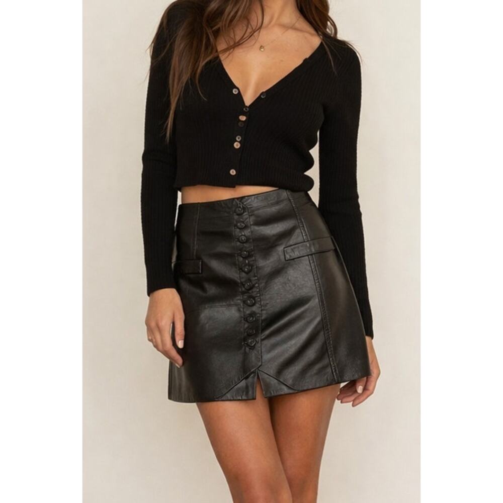 Helmut Lang Black Lamb Leather Mini Skirt Button Front In Size 4